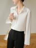 Women's Ash Blue Satin Long Sleeve Shirt - Retro Hong Kong Style, Spring Commute, Concealed Placket, Versatile Drapey Blouse
