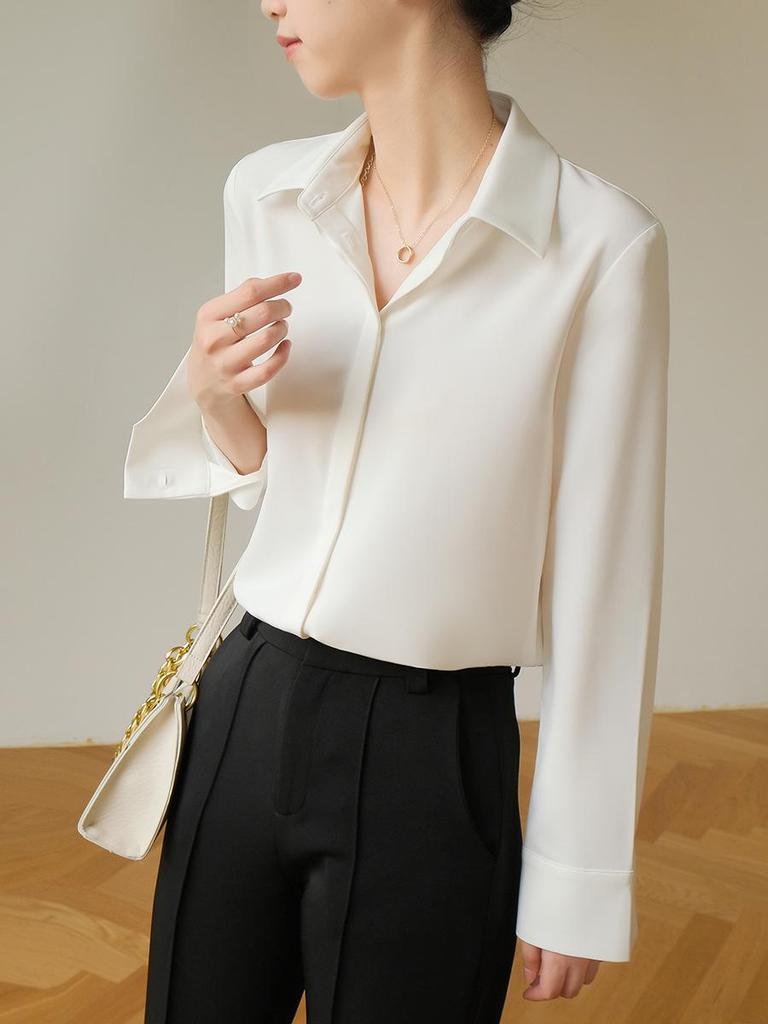 Women's Ash Blue Satin Long Sleeve Shirt - Retro Hong Kong Style, Spring Commute, Concealed Placket, Versatile Drapey Blouse