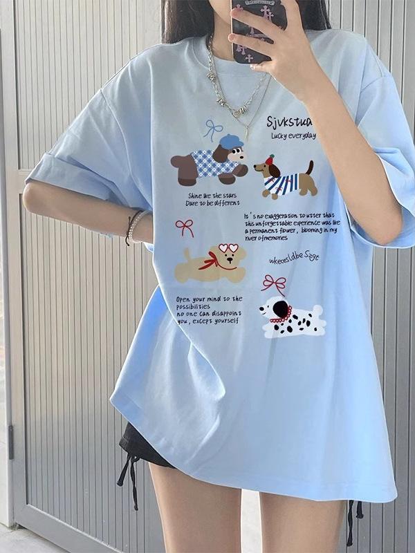 

American retro trendy brand puppy printing short-sleeved t-shirt women s summer new loose large version pure cotton half-sleeved clothes m (recommended 80-100) светло-синий
