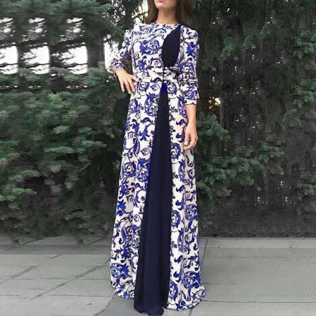 Women Dubai Arabian Floral Print Long Dress Muslim Dress Islamic Long Dress
