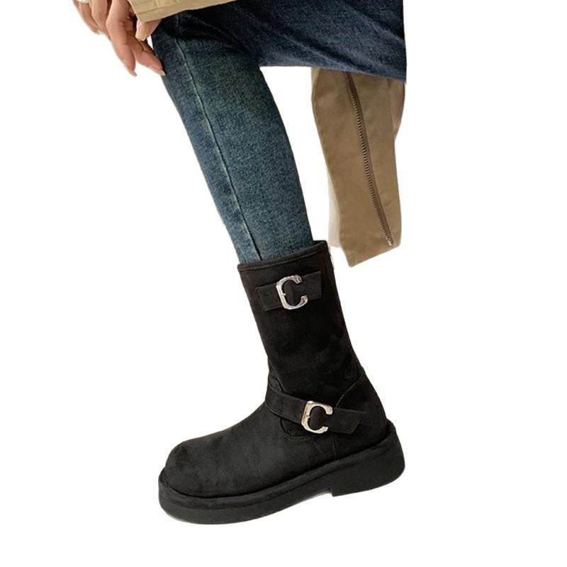 Leather medium boots women's autumn and winter new retro locomotive buckle with round head thick sole heightening western knight Martin boots