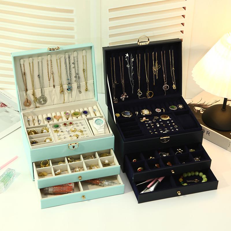 Three-Layer Leather Jewelry Box with Lock - Large Capacity, Dustproof, Multifunctional Storage