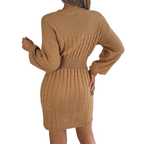 Women's Autumn and Winter Solid Fried Dough Twists Hollow Out Lantern Sleeve Hip Wrapped Woolen Dress