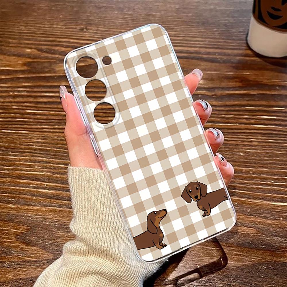 Anti-Fingerprint White-Brown Plaid Dachshund Phone Case For Samsung S20 Plus S21 S22 S23 S24 A14 M53 5G M23 5G Tpu Funda