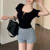 New ArrivalS Open Run Women S Slim FiT Ribbed ShorT Sleeve T ShirT buTTon deSign