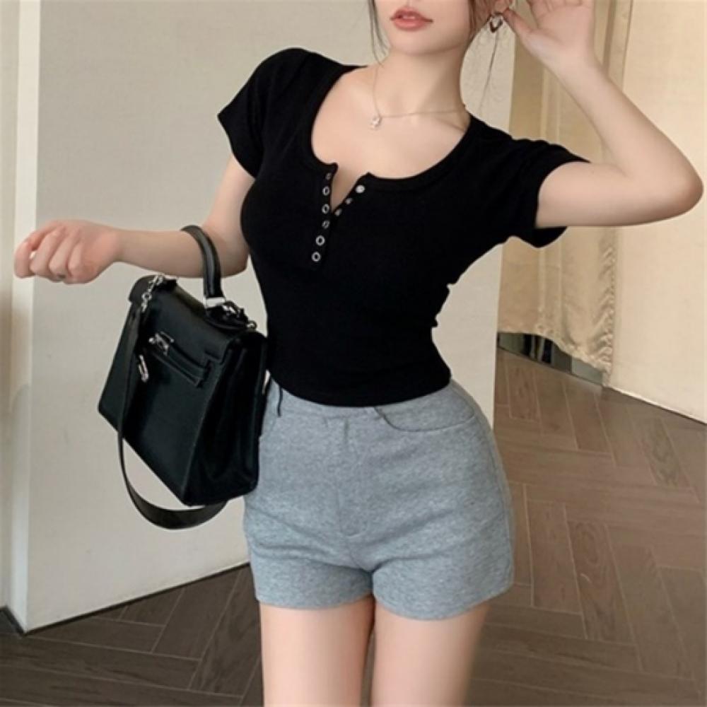 New ArrivalS Open Run Women S Slim FiT Ribbed ShorT Sleeve T ShirT buTTon deSign