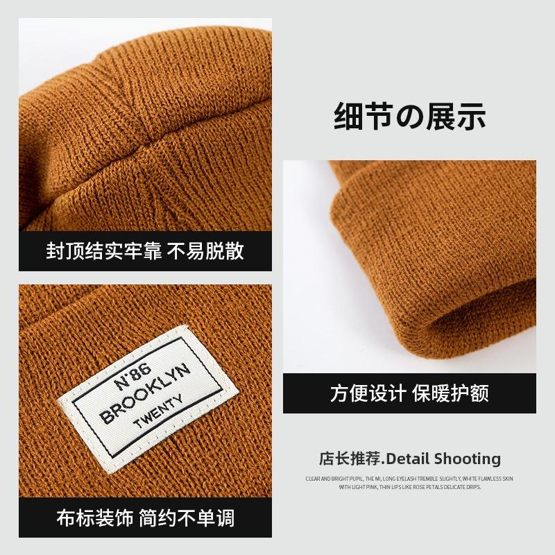 Autumn and Winter Knitted Hat Niche Personality Fashion Melon Rind Wool Hat Warm Protection Amount Simple Letter Cloth Label Cold Hat