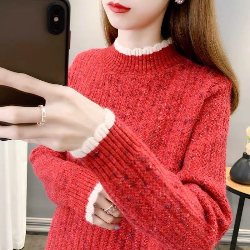 Color Blocking Wavy Edge Women's Sweater Half High Neck Autumn Winter Knitted Top Base Women' Sweater