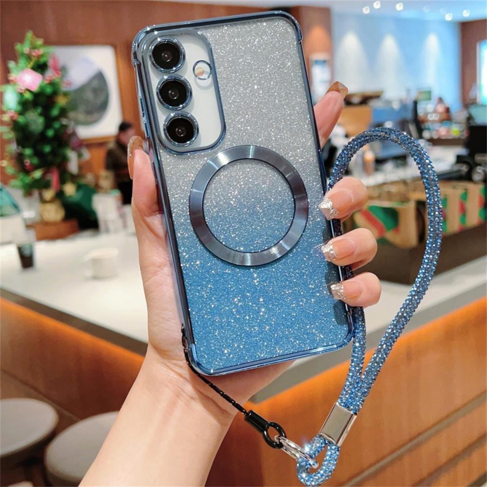 

For Samsung Galaxy S25 Case Compatible with MagSafe Electroplated Gradient Glitter Phone Cover with Lanyard Blue