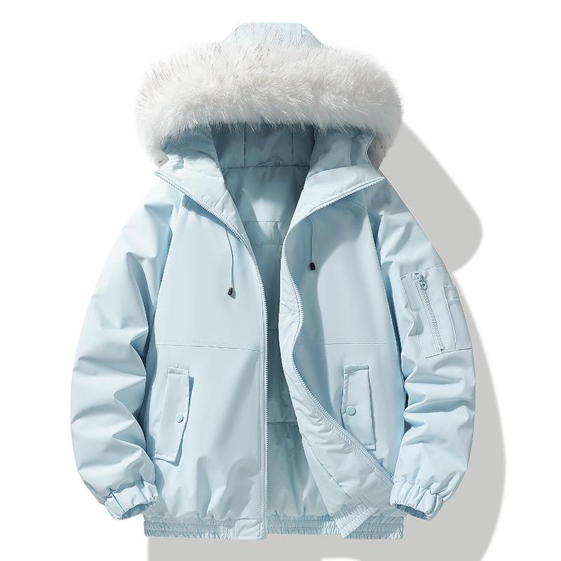 Winter Cotton Hooded Jacket with Removable Fur Collar - Windproof, Warm, and Lightweight for Couples