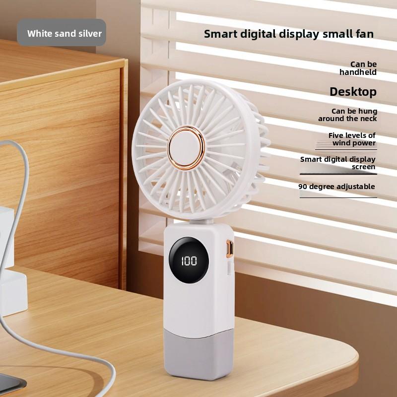 Smart Digital Display Small Fan, Earth Color Card, Portable Handheld Small Fan, 5-speed Strong Wind, Neck-mounted Small Fan