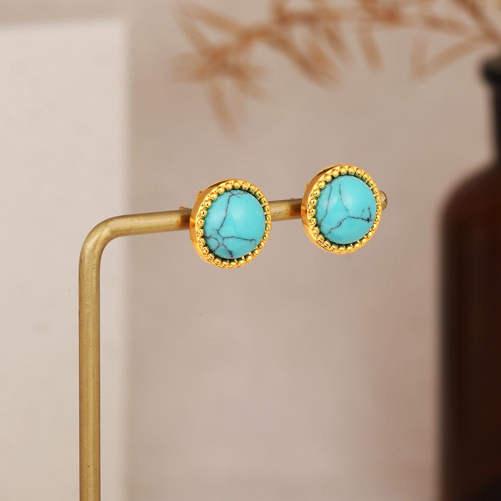 Bohemia Round Turquoise Small Stud Earrings Vintage 18K Gold Color Stainless Steel Jewelry for Women Girl Summer Fashion Gift