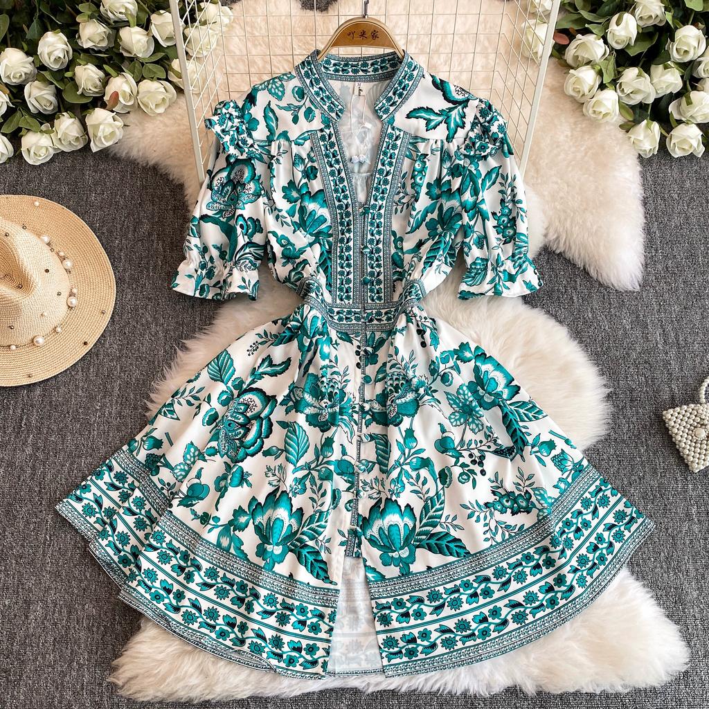 Summer Women Designer Vintage Print Runway Dress Elegant V-neck Single Breasted Party Dresses