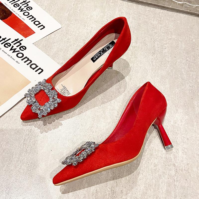 Fashion Women Shoes Fashion Rhinestone Square Buckle Bridesmaid Wedding Shoes Solid Flock Pointed Toe Stiletto Pumps French High Heels