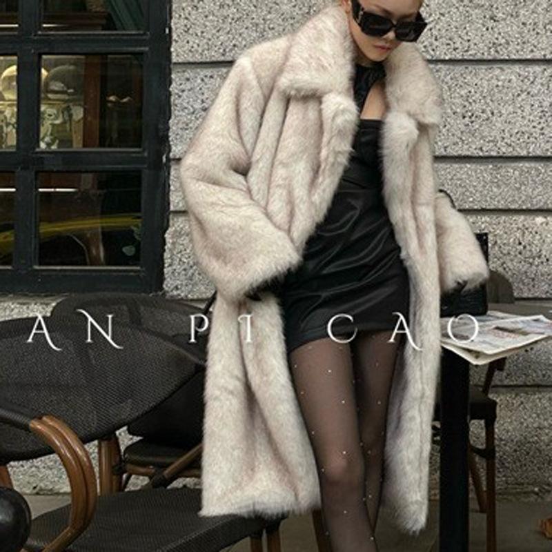 Bobcat Pattern Imitation Fox Fur Jacket Women's Thickened Hair Long Leopard Print Suit Collar Fur Coat Light Luxury
