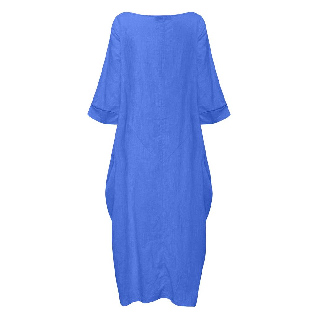 Loose Fit Casual Maxi Dress for Women Crew Neck Half Sleeve Solid Long Kaftan Oversized Summer Linen Dress