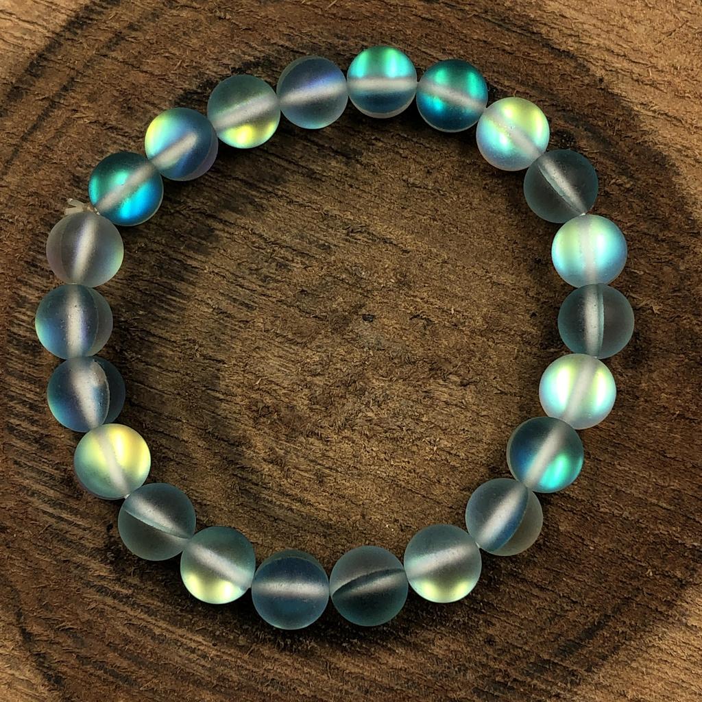 Náramek z korálků 8mm Přírodní Matný Aura Křemen 7.5" Ručně vyráběný Aqua Modrý Matný Pružný Unisex Dárek RBB-86