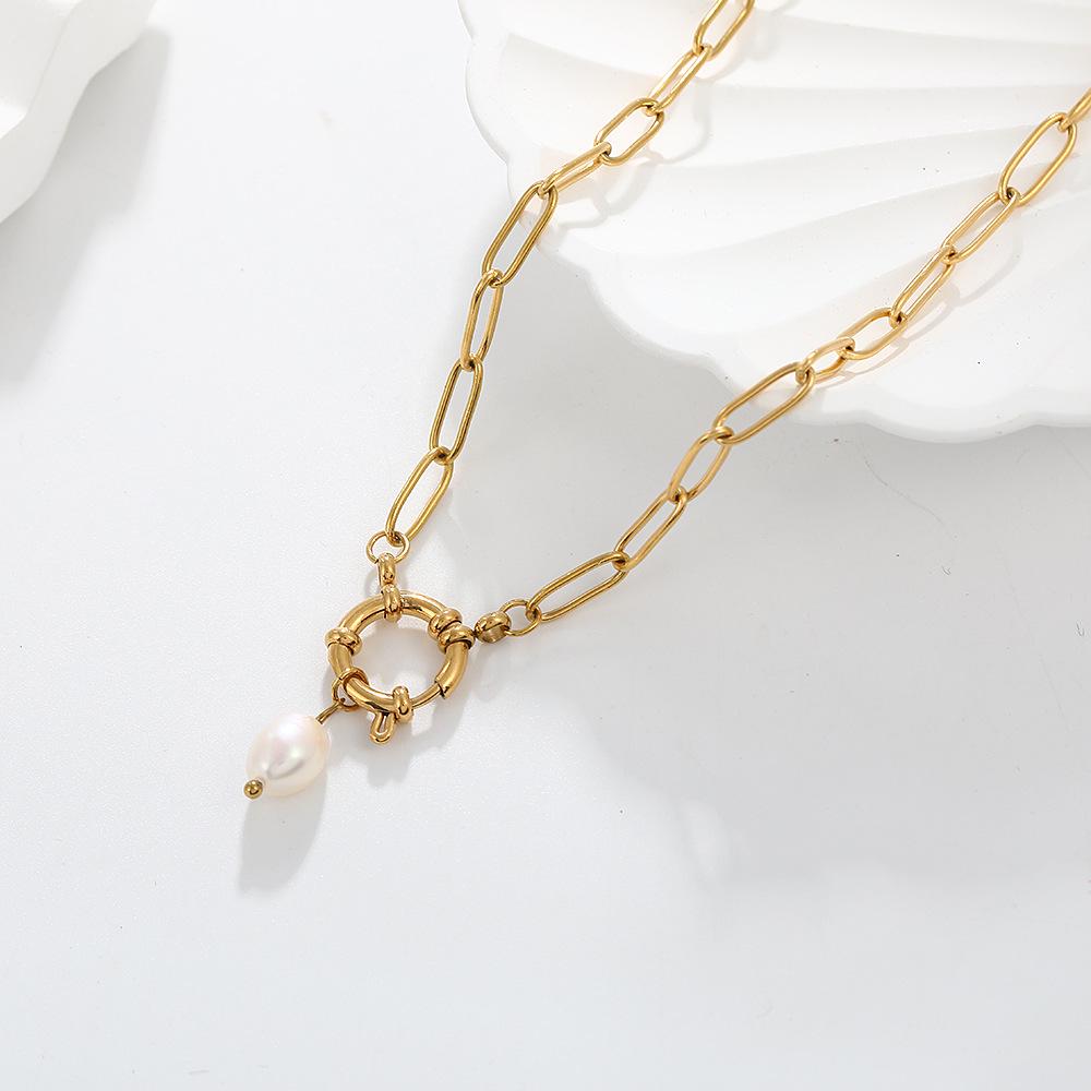 18K Gold-Plated Stainless Steel Necklace with Freshwater Pearl Pendant - European & American Fashion Trend