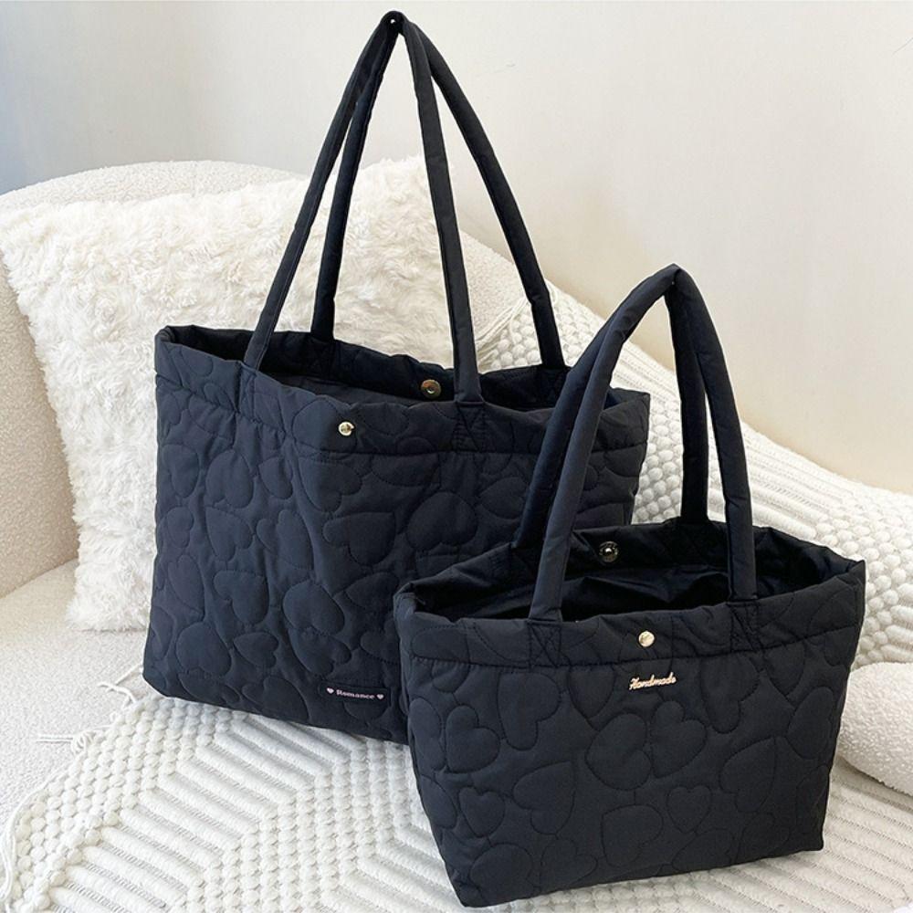 Large Capacity Heart Printed Shoulder Bag Solid Color Nylon Handbag Down Bag Autumn Winter