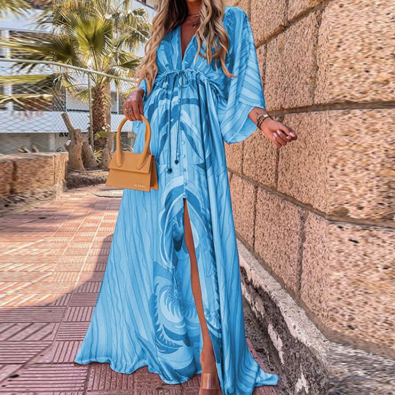 2026 Bohemian Loose V-Neck Split Hem Printed Maxi Dress Women Plus Size Flowy Long Sleeve Casual