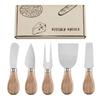 Käsemesser-Set aus Edelstahl mit Griff aus Gummibaumholz: Enthält Messer, Gabel, Pfannenwender und Buttercrememesser.