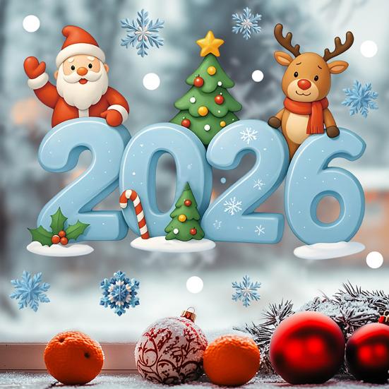 2026 Christmas Window Stickers Santa Claus Snowflake Reindeer Pattern Glass Xmas Decals Holiday Decor