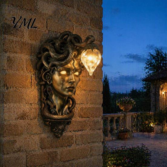Warm Atmosphere Side Light Retro Gorgon Wall Lamp, Mythical Snake Hair Woman Resin Sculpture, Dark Style Garden Fixture Artistic Mounted for