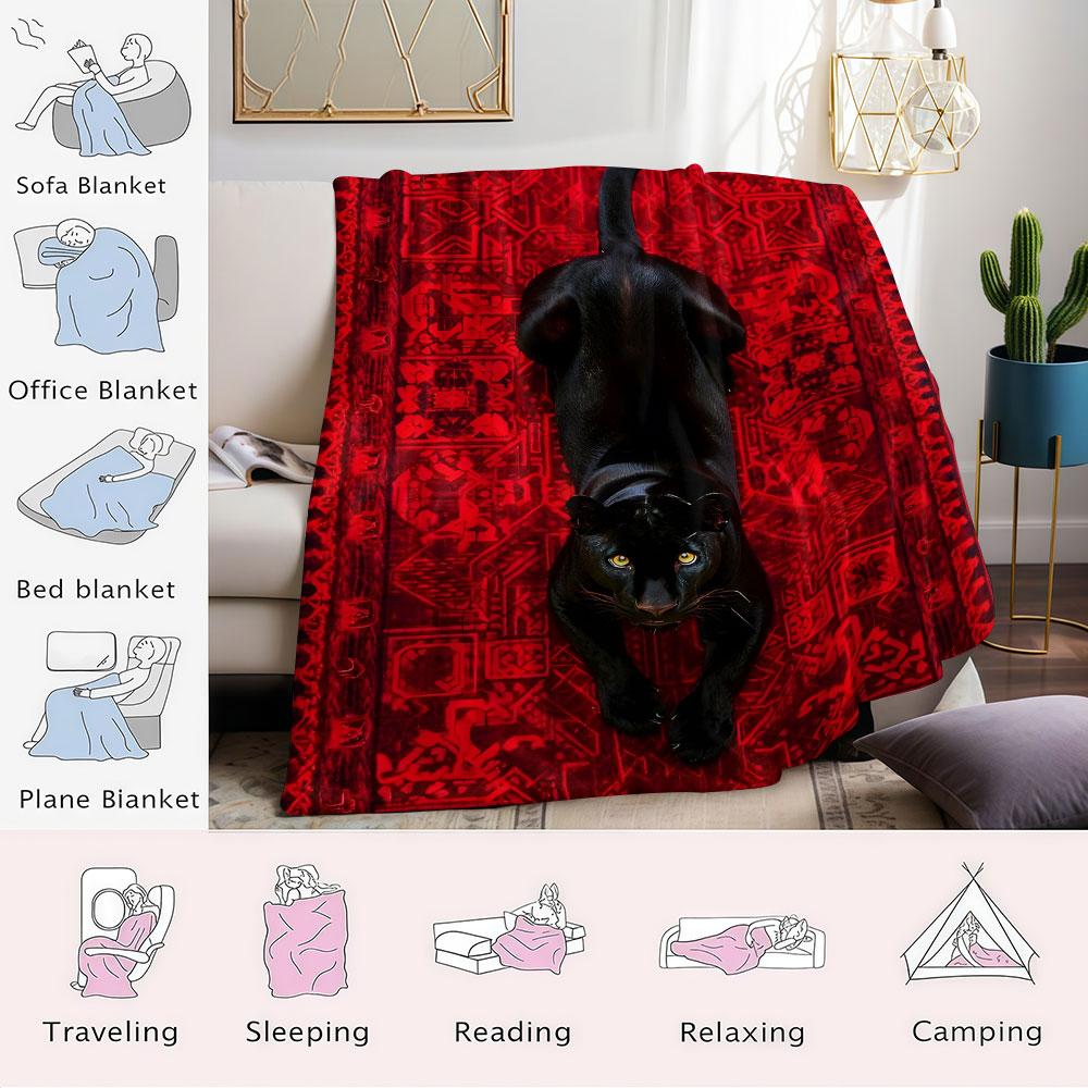Black Panther Red Background Flannel Blanket Warm Soft Halloween Christmas Couch Warm Cozy Decorative Decor Gift for All Season