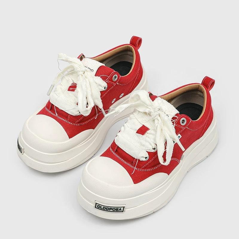 Bandage Canvas Shoes Black and White Couple Big Head Shoes  Platform Men's Shoes Trendy Retro Versatile Heightening Board Shoes