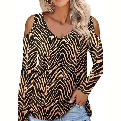 Fashion Casual Long Sleeve Off Shoulder V Neck Striped  Printed Pullovers T Shirt Blouse Top for Ladies