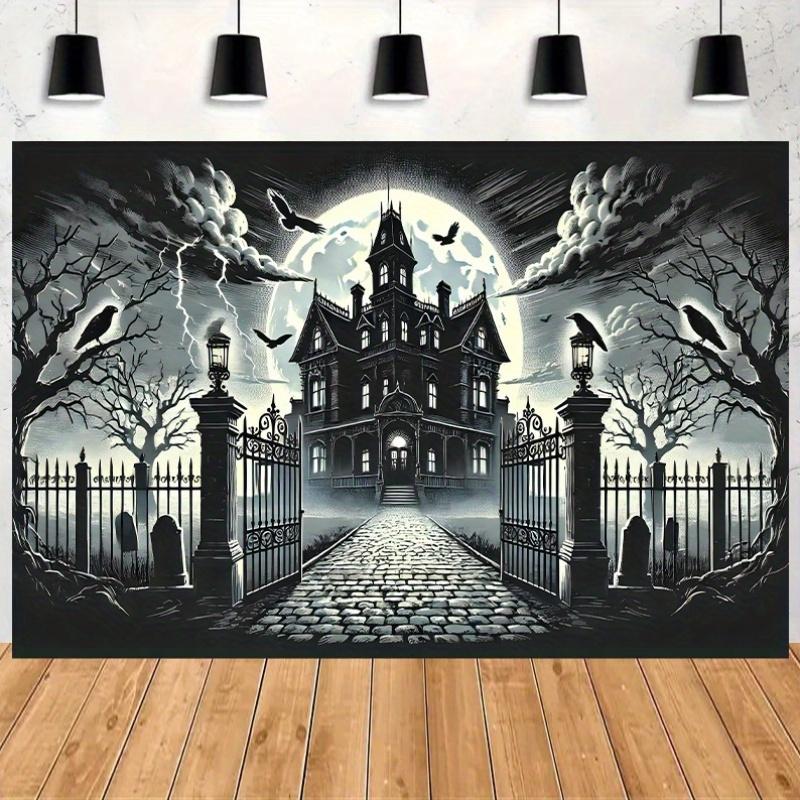 1pc, Haunted Manor Halloween Party Backdrop Fabric, Birthday Banner and Flag Supplies, Cake Table Party Decoration