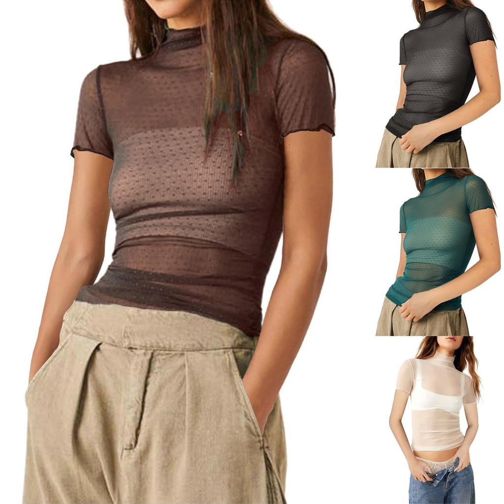 Women's Solid Color  Mesh Short Sleeved Half High Neck Base Small Shirt Top Small Shirt Top