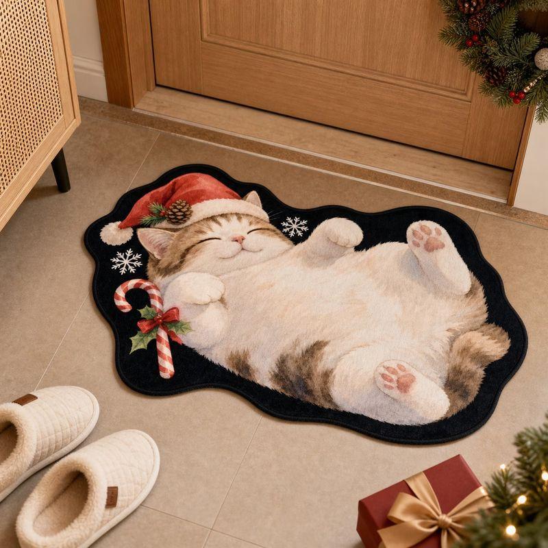 Cute Cat Christmas-Themed Doormat, Christmas Hat Kitten Rug, Soft Non-Slip Entryway Welcome Mat, Home Decor