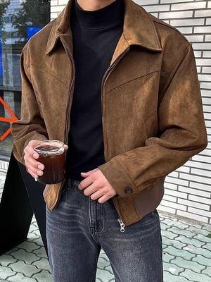 Herren Retro Wildleder Motorradjacke - Vielseitig, Locker geschnitten, Revers Lässige Kleidung für Frühling und Herbst.