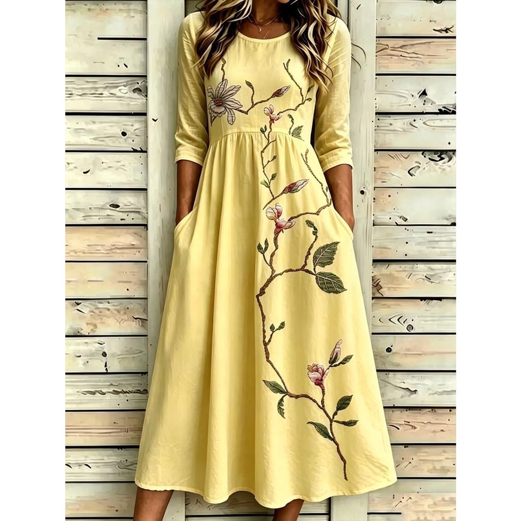 Women's Crew Neck Long Sleeve Loose Fit A-Line Midi Dress Casual 3D Floral Print