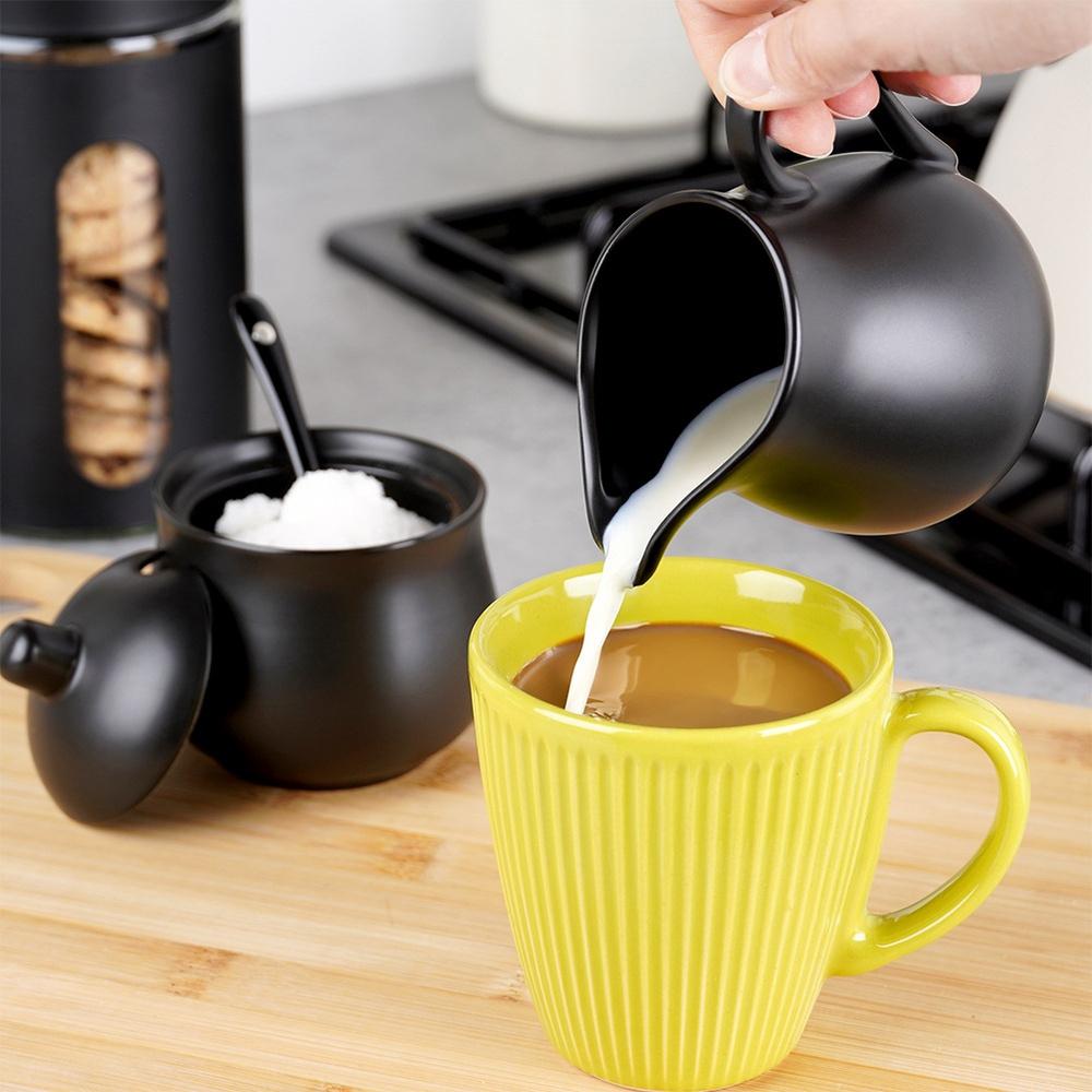 Set of Sugar Bowl, Milk Jug, Spoon, Sugar Milk Container, Black