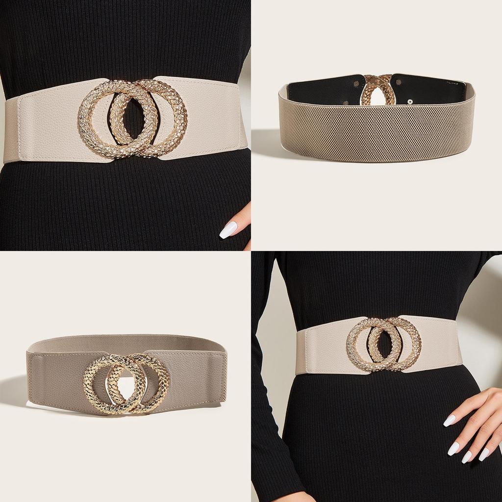 Artistic Vintage Leather Waist Belt For Women With Elastic Double Buckle For Casual Wear