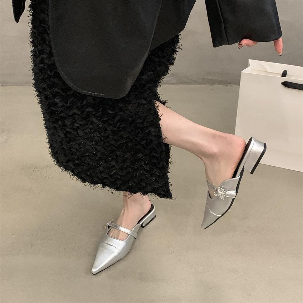 Spring 2025 New Thick Heel Bag Head Half Slippers Outer Wear Women's Shoes One Pedal Pointed Mary Jane Silver Shoes