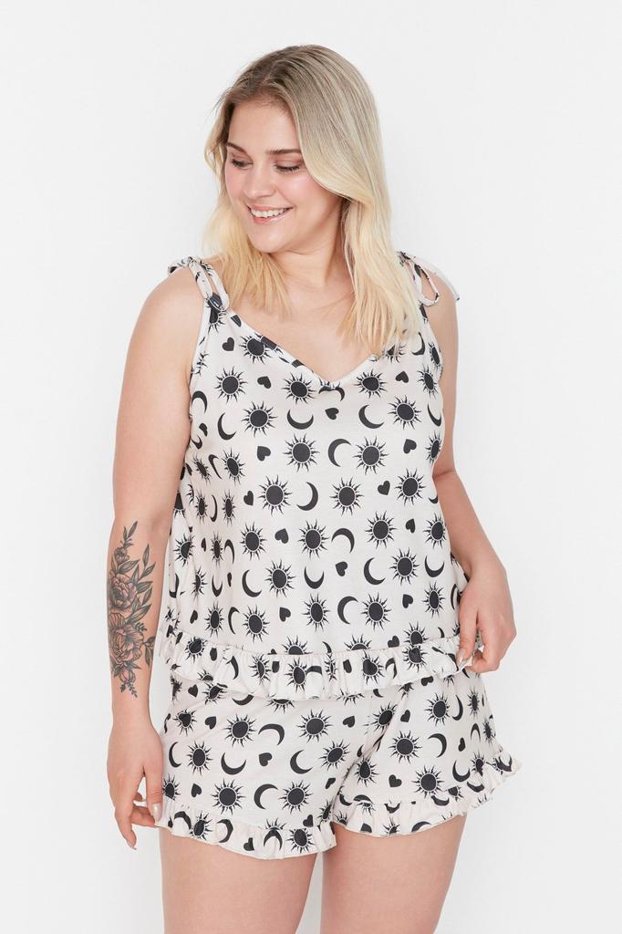 Women's Style Plus Size Printed Strap Knitted Plus Size Pajama Set
