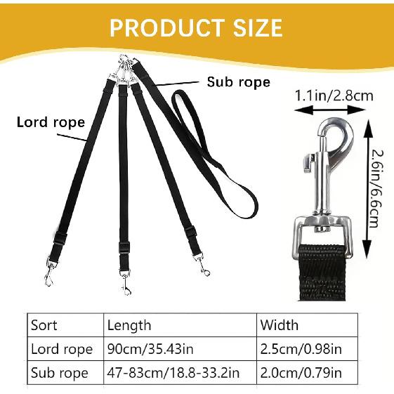 Triple Dog Leash with No-Tangle Design, Adjustable 21.6-31.4 inches, 360° Rotating, Multi-Dog Walker