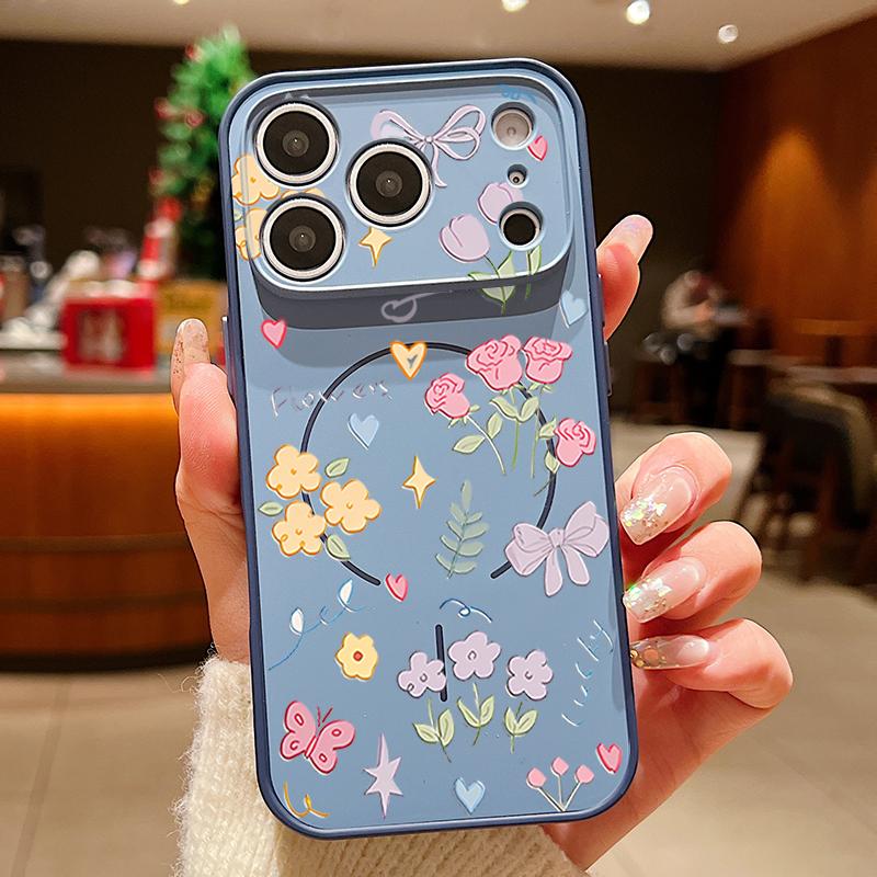 Cartoon Floral Pattern Case For iPhone 17 Pro Max Magnetic For Magsafe Hybrid Slim Matte Cover For iPhone 16 15 14 13 Pro Max Daisies Peach Blossom
