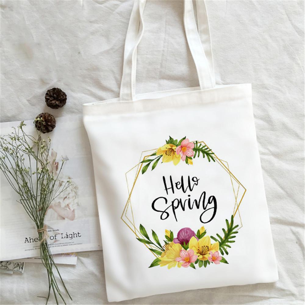 Dobrý den Jarní Květiny Potisk Nákupní Taška Ženy Plátěná Taška přes Rameno Ulzzang Eko Velkokapacitní Dámská Nákupní Taška Kabelka