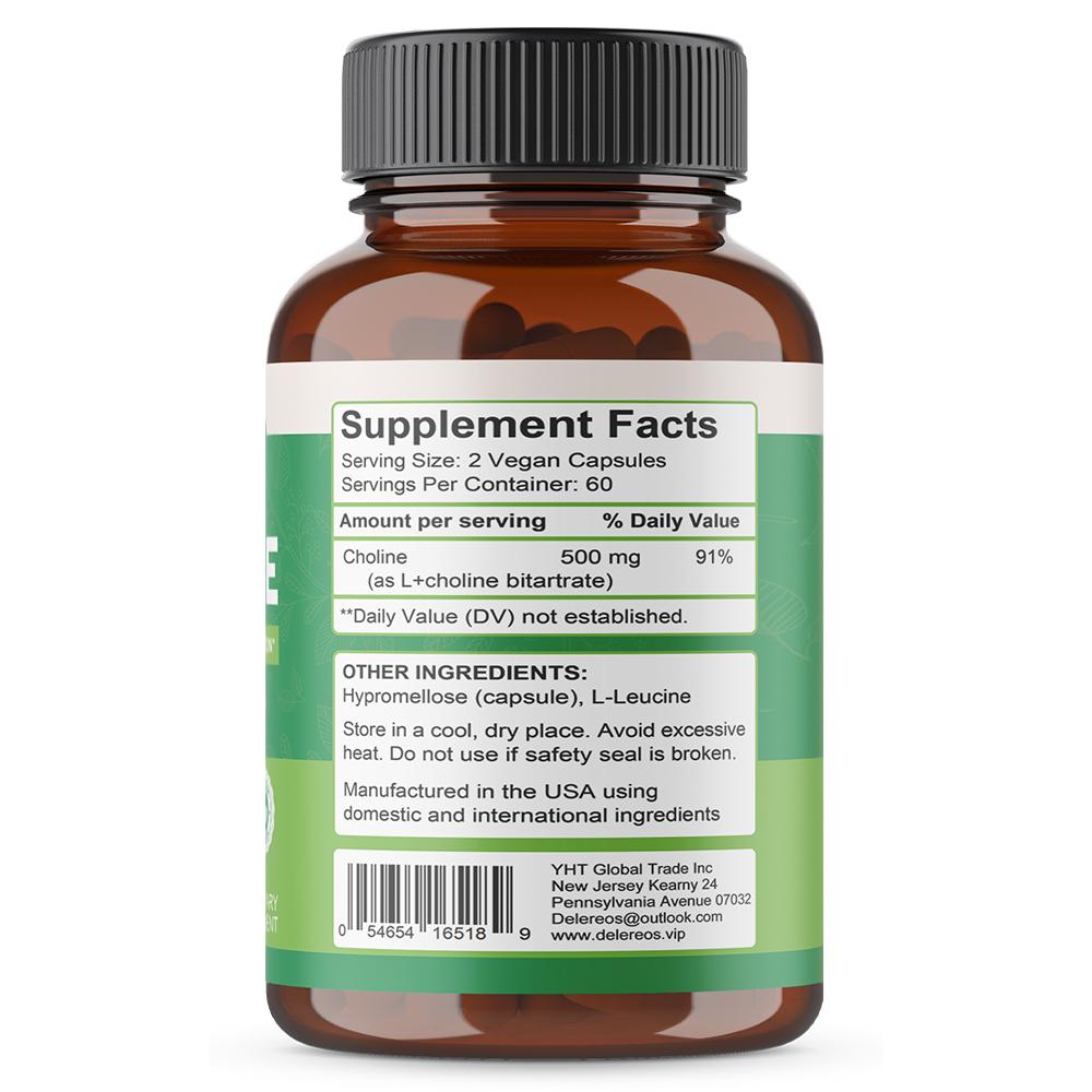 Choline (Comme L+Bitartrate de Choline) Complément alimentaire de 500 mg, 120 gélules par flacon