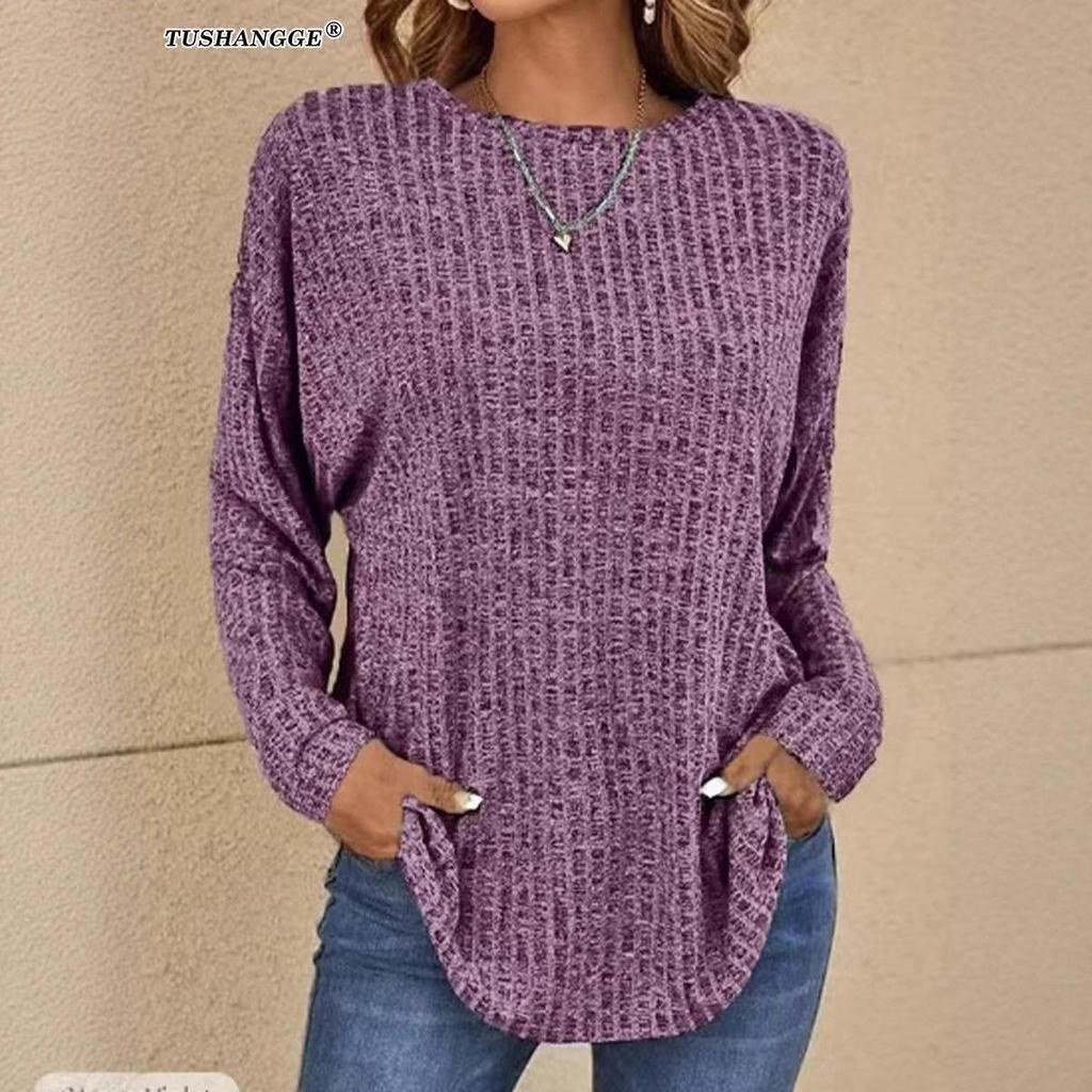 Maglione a Maglia Autunno Europeo 2025 - Girocollo, Costine, Manica Lunga, T-shirt Vestibilità Larga