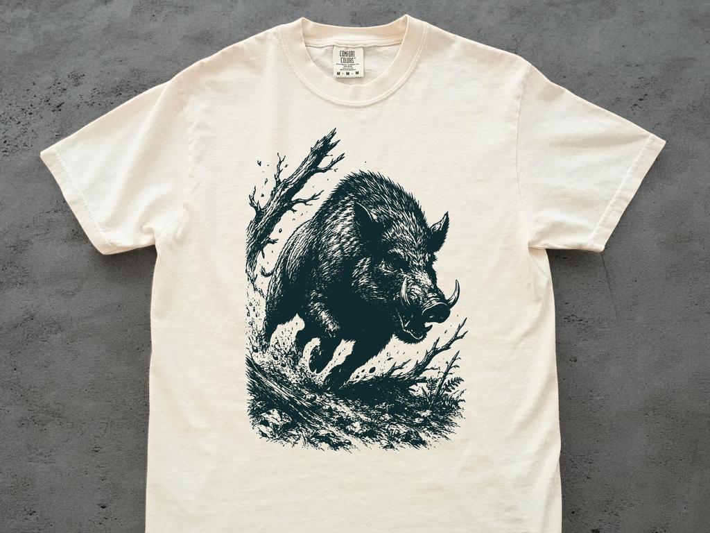 Linocut Wild Boar Shirt, Vintage Forest Hog Tee, Comfort Colors Wildlife Graphic, Woodcut Boar Lover Gift