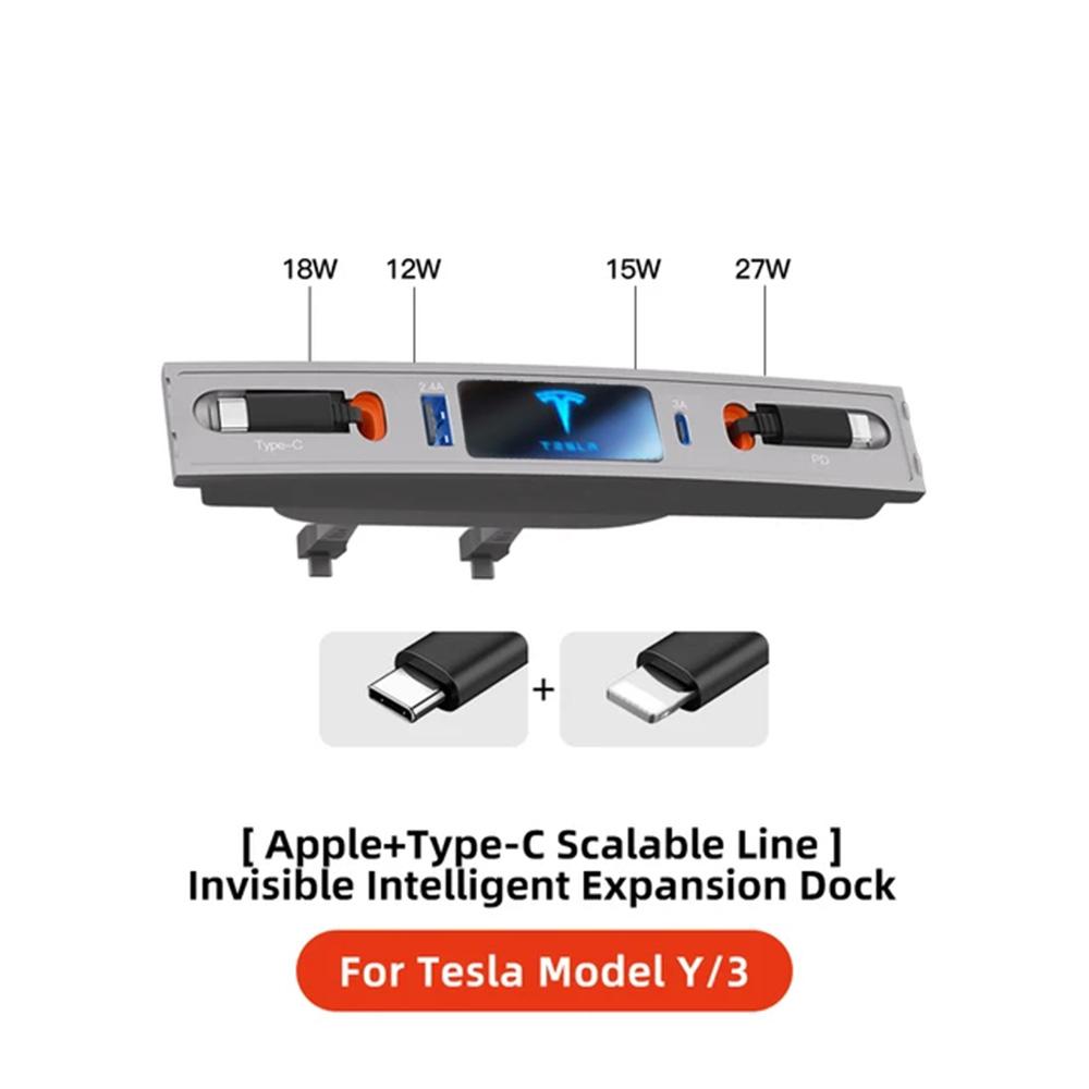 4in1 Center Console USB Hub Compatible for Tesla Model 3 Model Y Accessories 2025-2025 Fast Charge with Retractable Cable