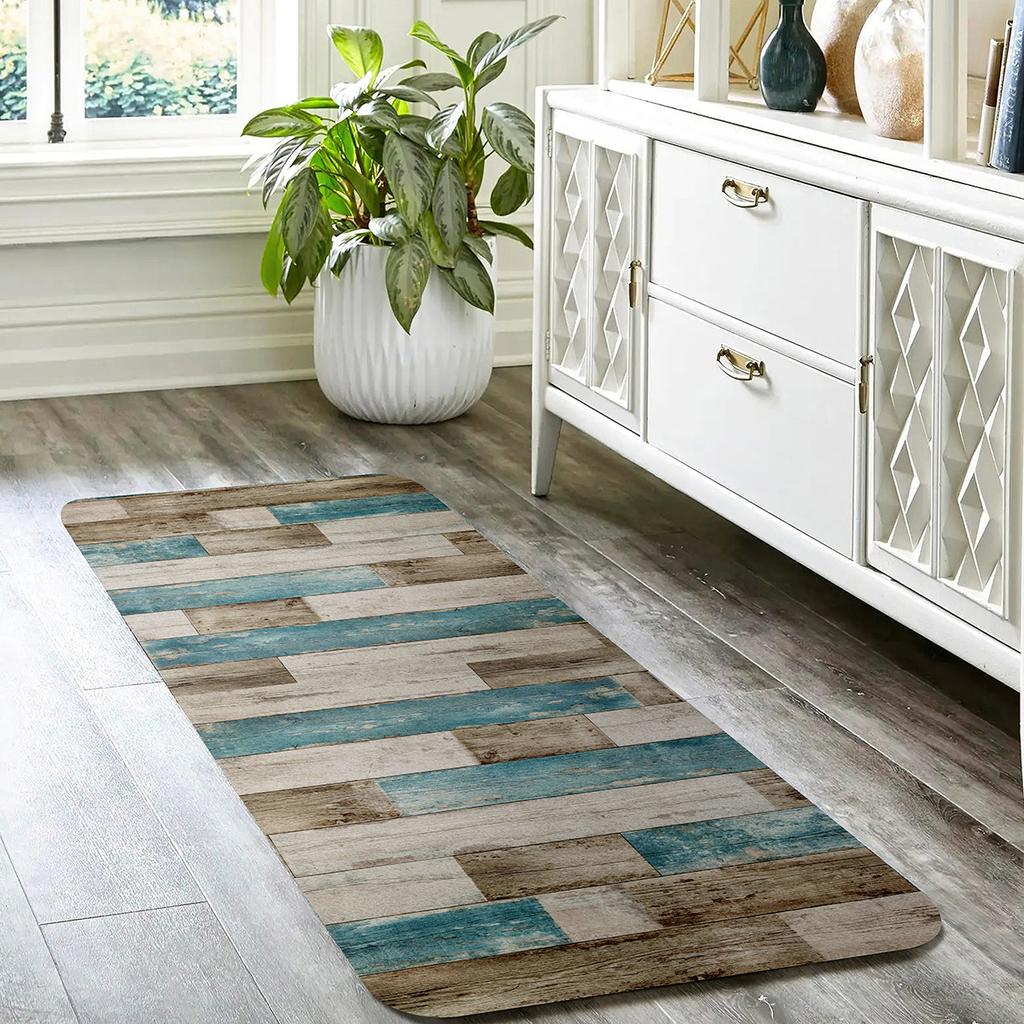 Vintage Wood Pattern Area Rug,Blue Brown Check Design Non-Slip Mat, Machine Washable Polyester Floor Mat for Living Room Kitchen