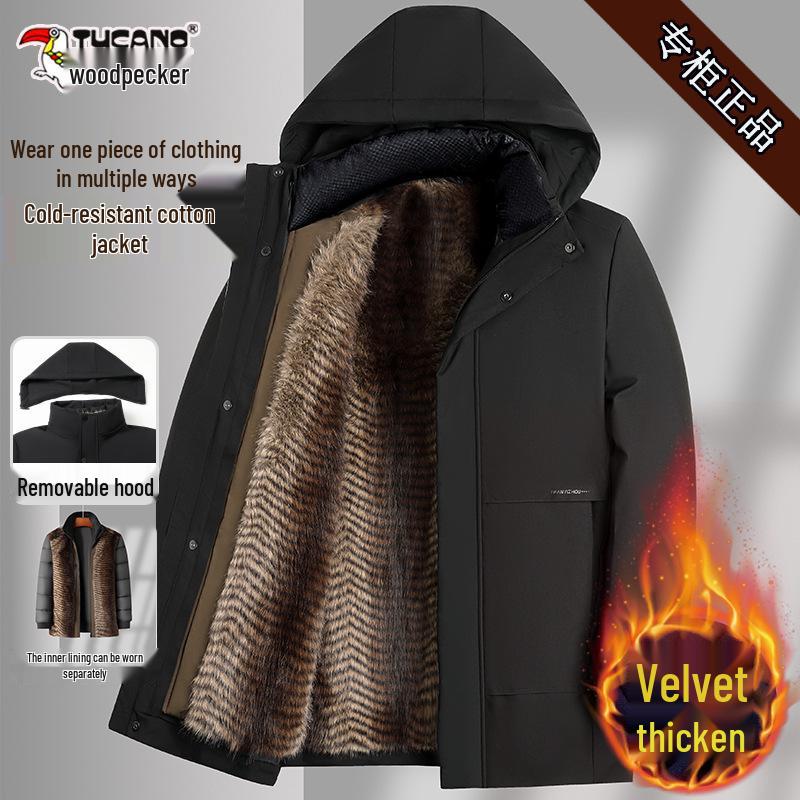 Men's Woodpecker Plus Velvet Mid-length Jacket with Hood, Detachable Liner, Cotton Winter Coat for Middle-aged and Elderly