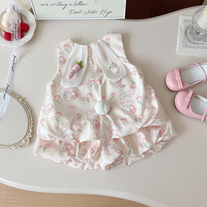 Girls Summer Cute Rabbit Sleeveless Vest And Bud Shorts Two Piece Set Thin Stylish Outfit