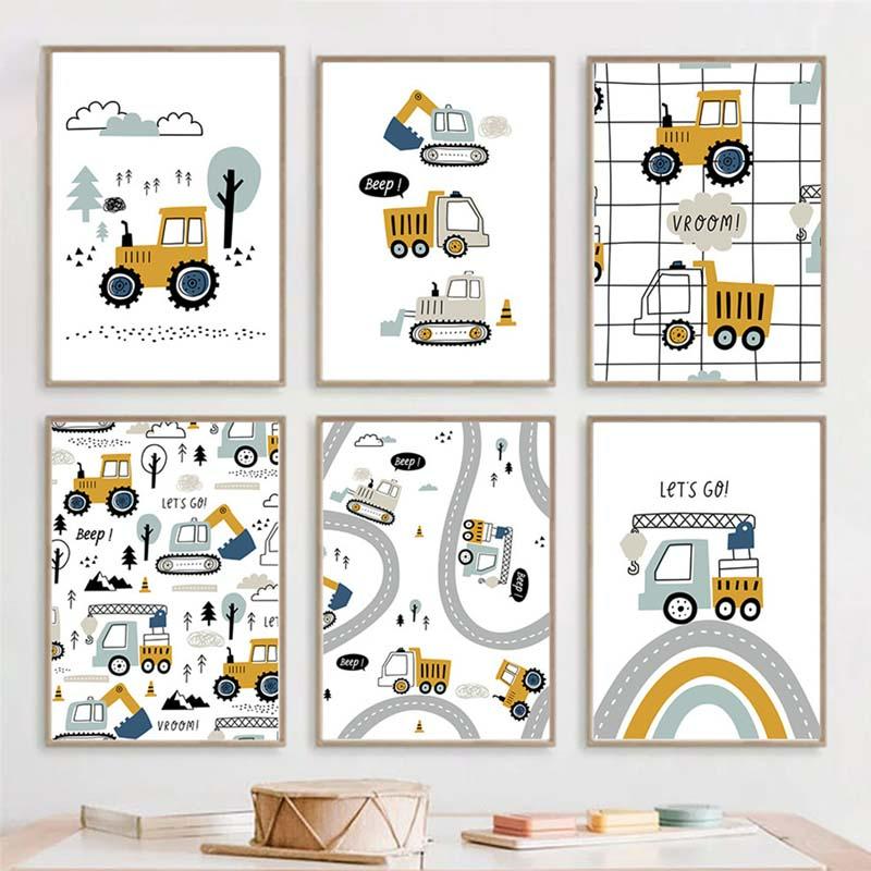Kreslený Jeřáb Bagr Traktor Nákladní plakát Nástěnné umění Obraz na plátně Dětská školka Chlapci Obrázky Nordic Wall Print Room Decor